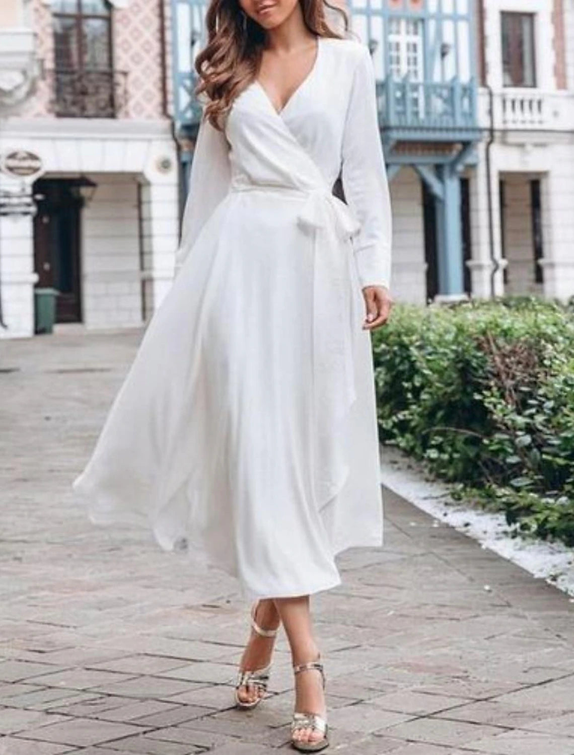 Wholesa Bridal Shower Little White Dresses Wedding Dresses A-Line V Neck Long Sleeve Tea Length Chiffon Bridal Gowns With Bow(s)