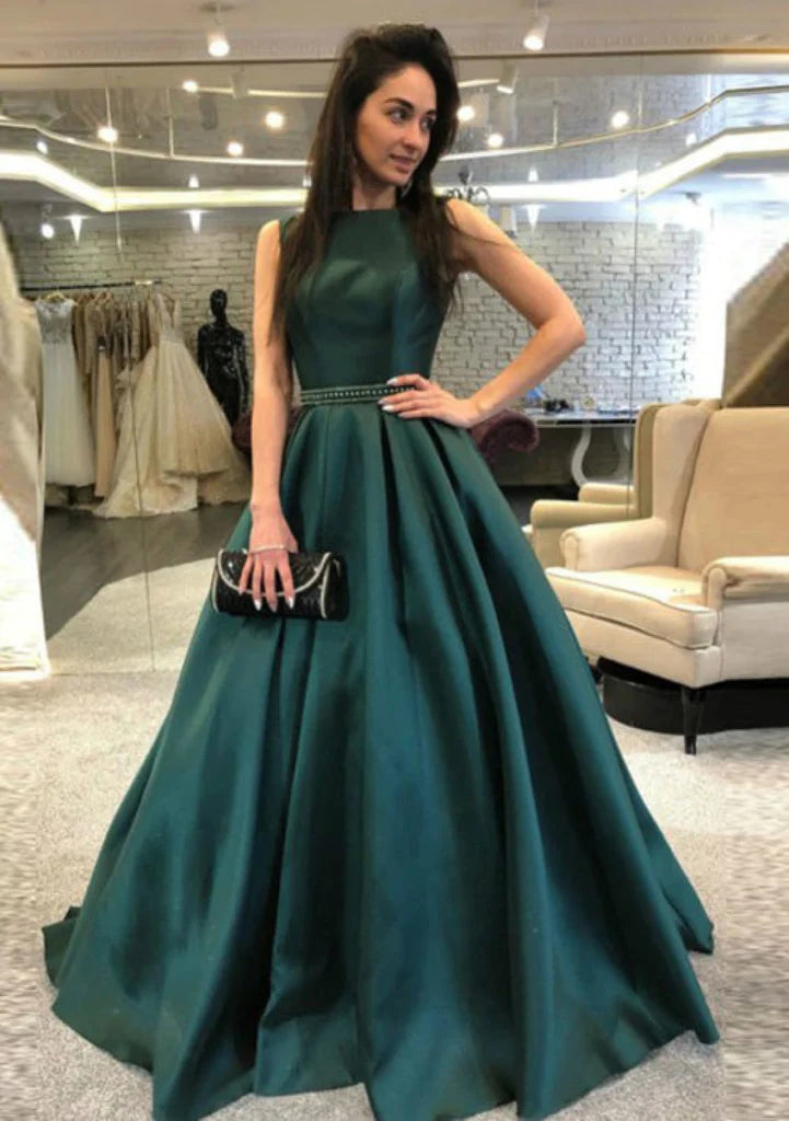 Wholesa A-line V Back Sleeveless Court Train Satin Prom Dress Formal Evening Gown