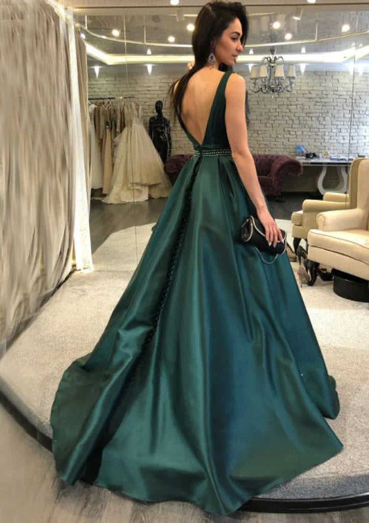 Wholesa A-line V Back Sleeveless Court Train Satin Prom Dress Formal Evening Gown