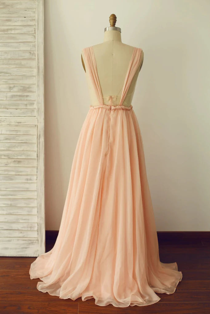 Wholesa A Line Backless Straps Peach Chiffon Backless Prom Dress Evening Dress