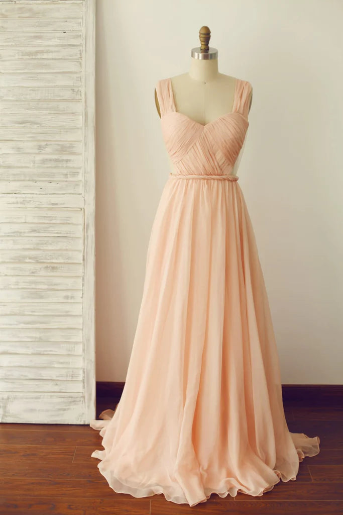 Wholesa A Line Backless Straps Peach Chiffon Backless Prom Dress Evening Dress