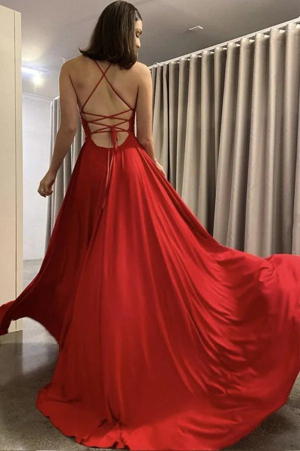 Wholesa A line Spaghetti Straps Red Chiffon Long Prom Dress Evening Dress