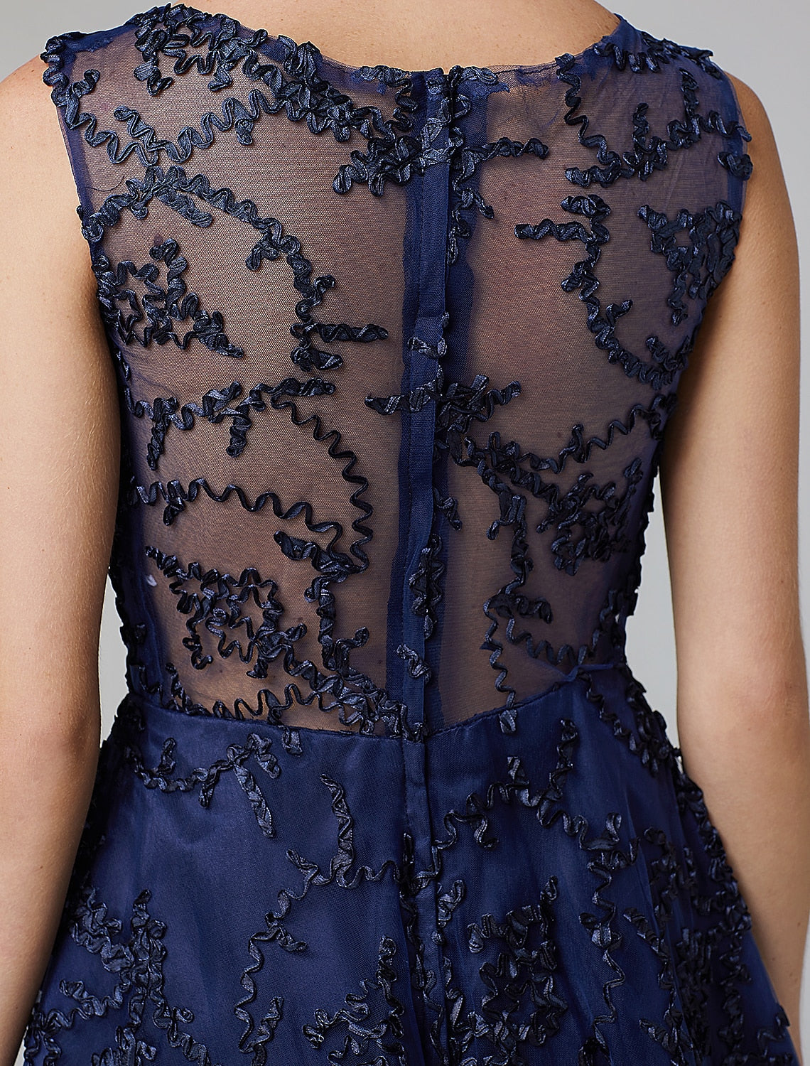 wholesa A-Line Hot Dress Wedding Guest Cocktail Party Asymmetrical Sleeveless Illusion Neck Tulle with Appliques