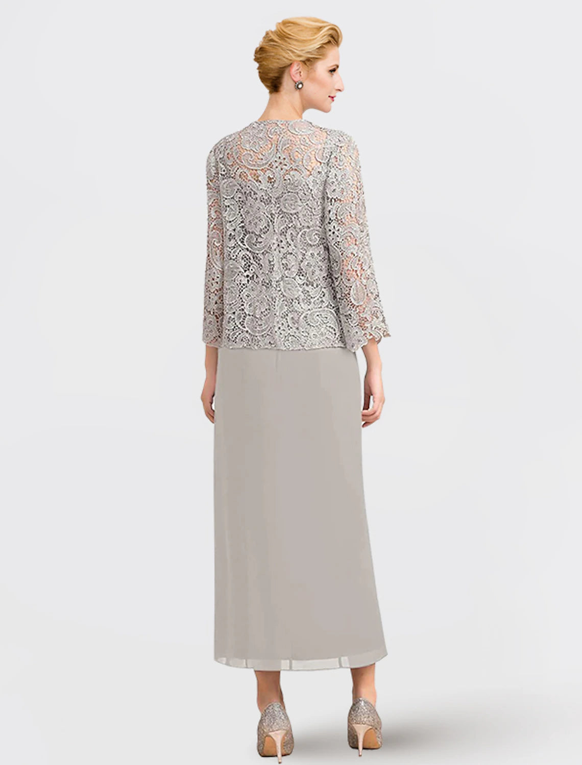 wholesale  Two Piece Mother of the Bride Dress Formal Wedding Guest Elegant Square Neck Ankle Length Chiffon Lace Sleeveless Wrap Included with Appliques