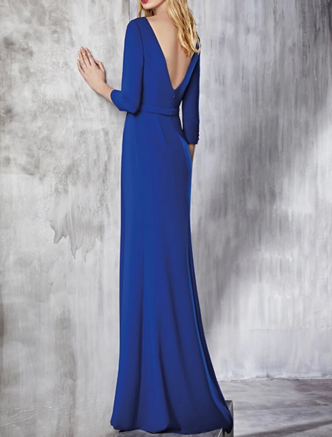 Wholesa Sheath / Column Elegant Wedding Guest Formal Evening Dress V Neck 3/4 Length Sleeve Floor Length Polyester with Draping Slit