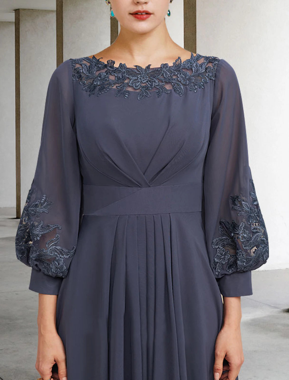 wholesale  A-Line Mother of the Bride Dress Plus Size Elegant High Low Jewel Neck Asymmetrical Floor Length Chiffon Lace Half Sleeve with Pleats Appliques Side-Draped