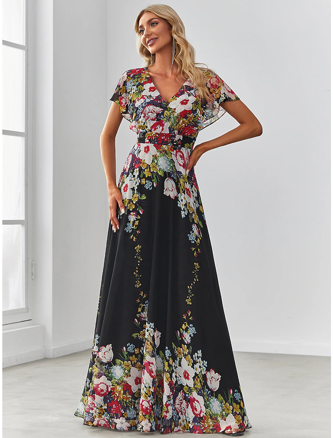 Wholesa A-Line Evening Gown Floral Dress Birthday Floor Length Short Sleeve V Neck Chiffon with Pattern / Print