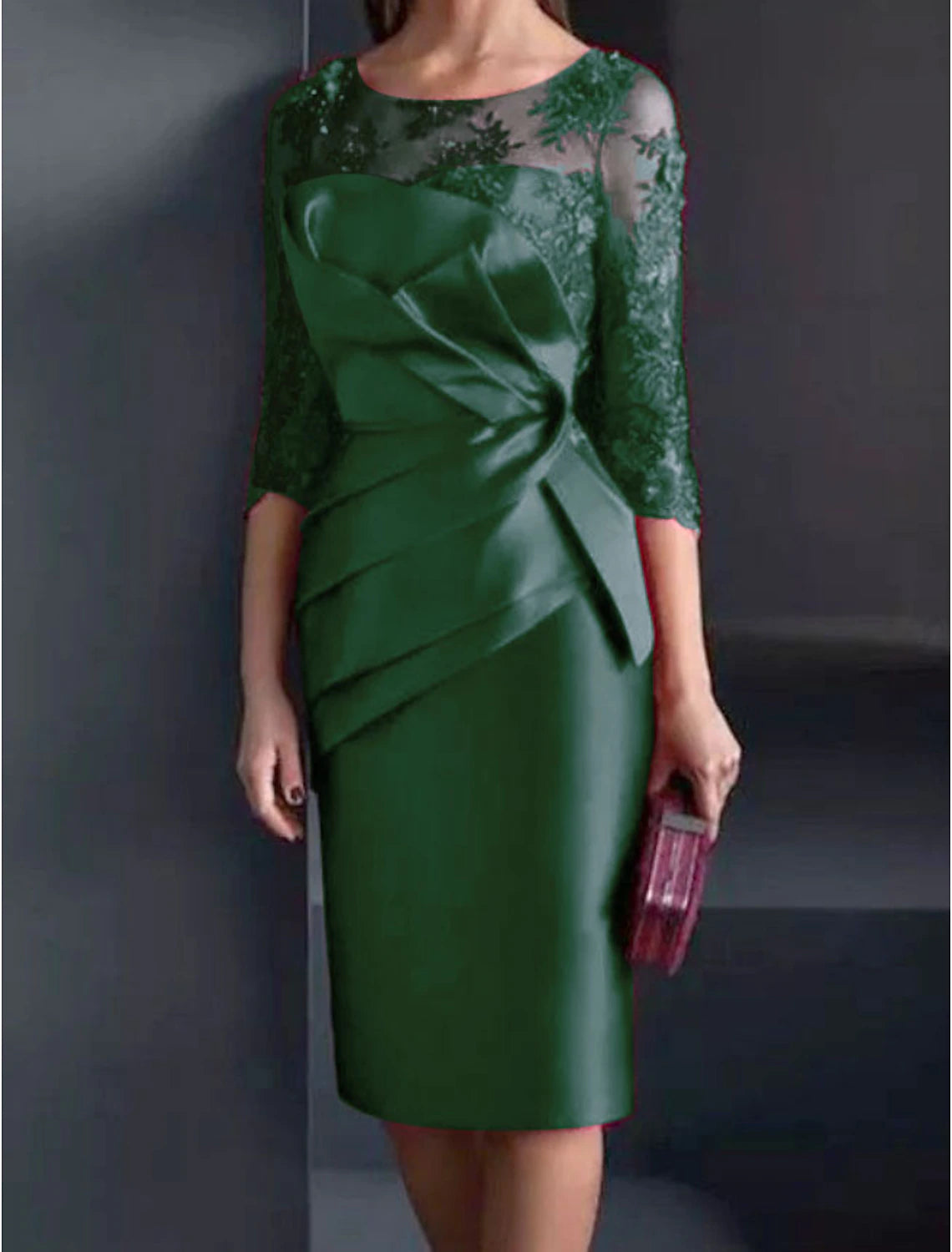 Wholesa Sheath / Column Mother of the Bride Dress Wedding Guest Elegant Illusion Neck Knee Length Satin Lace 3/4 Length Sleeve with Appliques Ruching