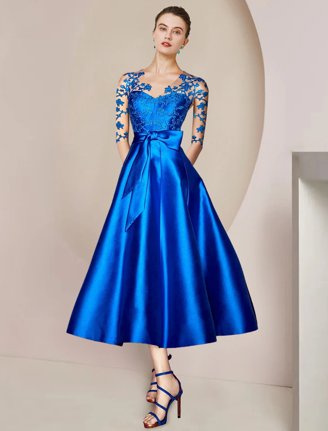 wholesale  A-Line Mother of the Bride Dress Wedding Guest Party Elegant V Neck Tea Length Satin Lace Half Sleeve with Bow(s) Pleats Appliques