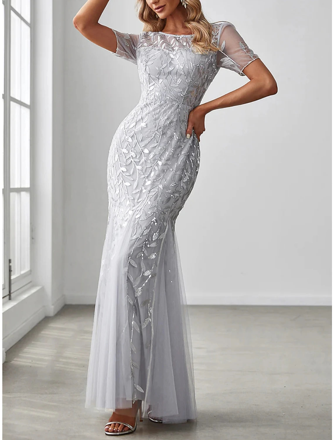 Wholesa Mermaid / Trumpet Mother of the Bride Dress Wedding Guest Elegant Sparkle & Shine Jewel Neck Floor Length Sequined Short Sleeve with Pleats Sequin