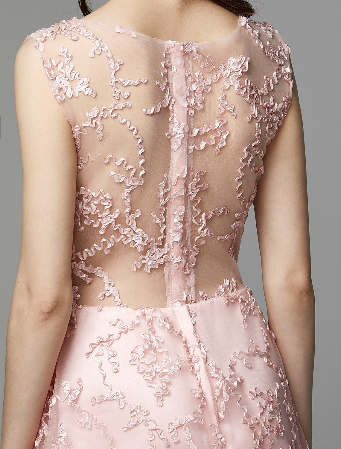 wholesa A-Line Hot Dress Wedding Guest Cocktail Party Asymmetrical Sleeveless Illusion Neck Tulle with Appliques