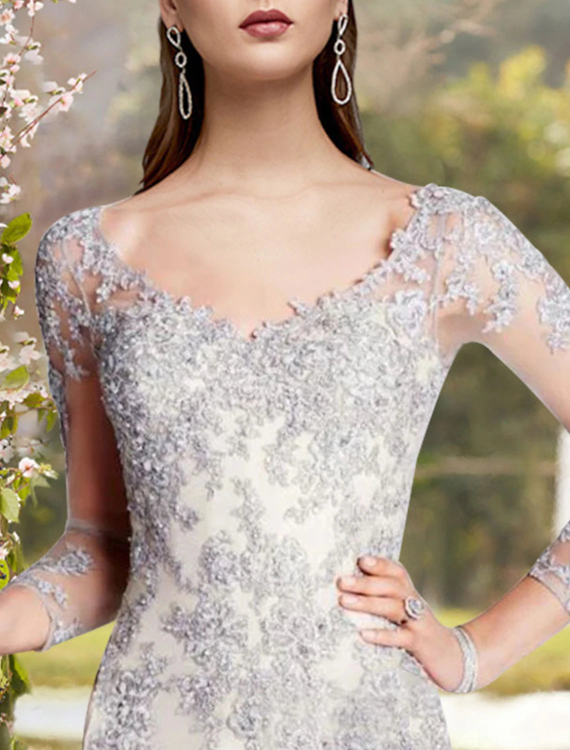 wholesale  Two Piece Sheath / Column Mother of the Bride Dress Elegant V Neck Knee Length Chiffon Lace 3/4 Length Sleeve Jacket Dresses with Appliques