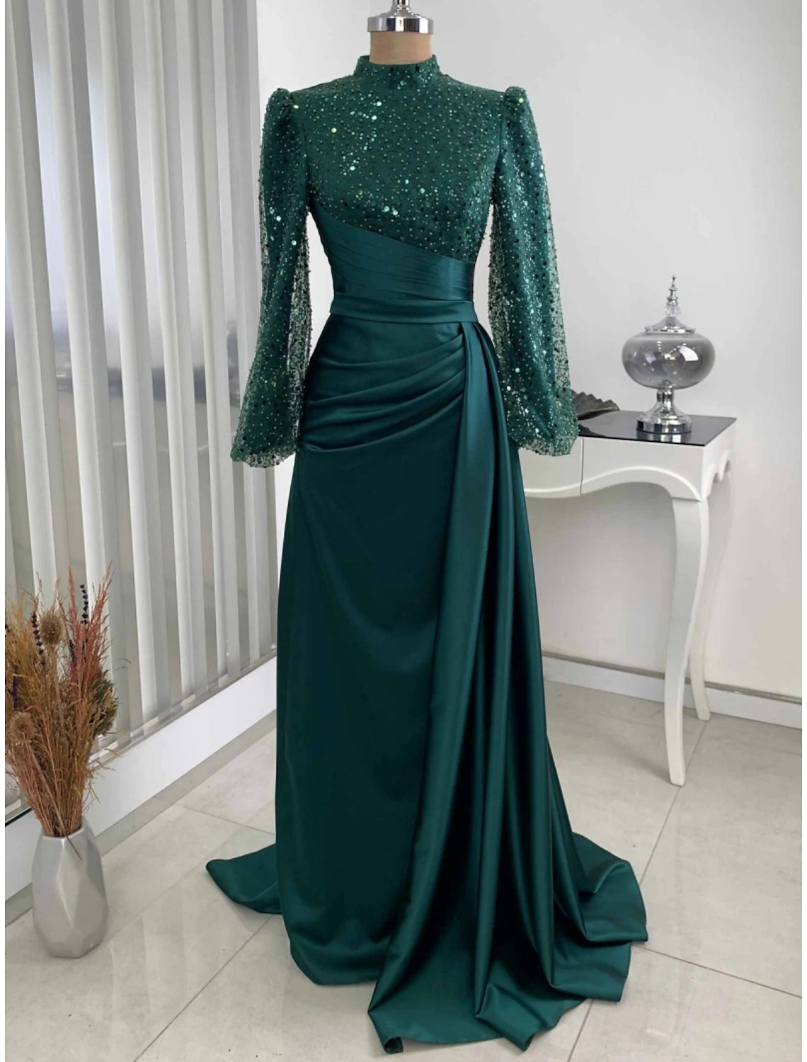 Wholesa  A-Line Evening Gown Champagne Christmas Elegant Dress Formal Sweep / Brush Train Long Sleeve High Neck Satin with Glitter Pleats Ruched