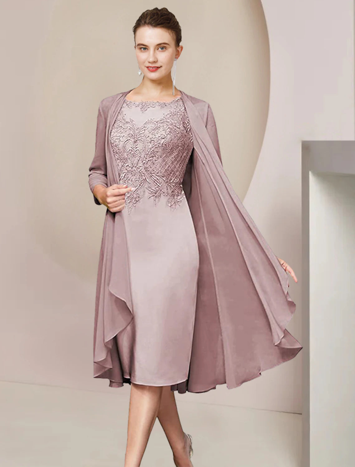 wholesale   Two Piece Sheath / Column Mother of the Bride Dress Formal Wedding Guest Elegant Scoop Neck Knee Length Chiffon Lace Half Sleeve Jacket Dresses with Appliques