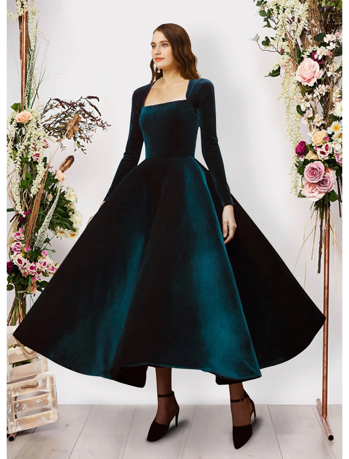 Wholesa Ball Gown Evening Gown Vintage Dress Prom Formal Evening Ankle Length Long Sleeve Square Neck Velvet with Pure Color