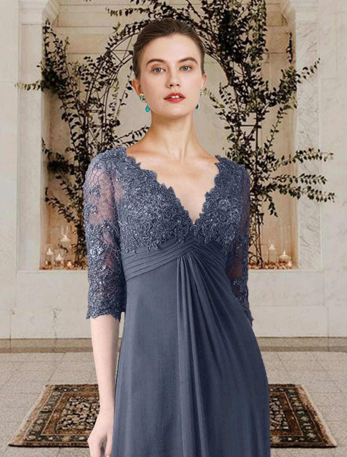 wholesale  A-Line Mother of the Bride Dress Elegant V Neck Sweep / Brush Train Chiffon Lace Half Sleeve with Appliques