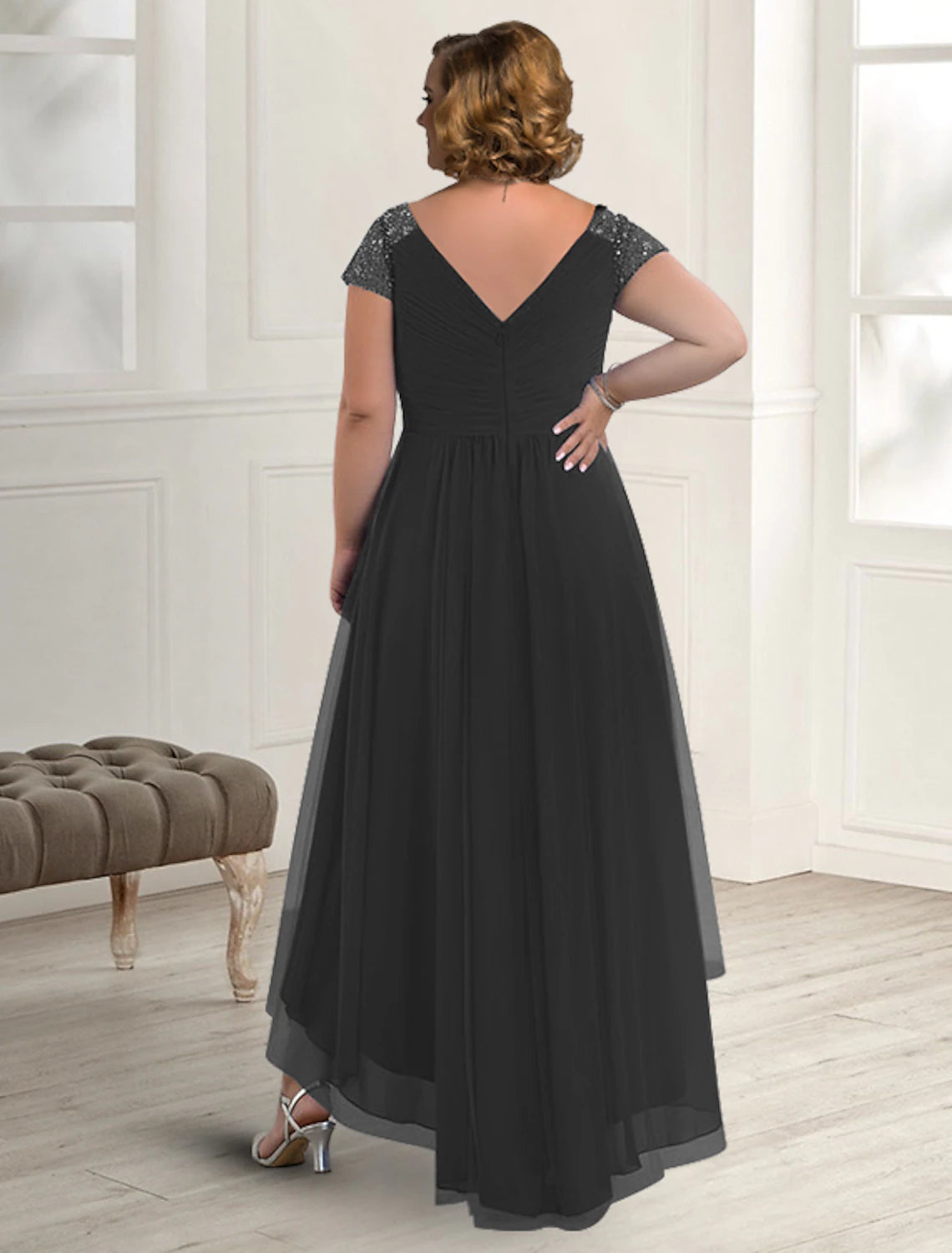 wholesale  A-Line Mother of the Bride Dress Plus Size Elegant High Low V Neck Asymmetrical Floor Length Chiffon Short Sleeve with Pleats Beading