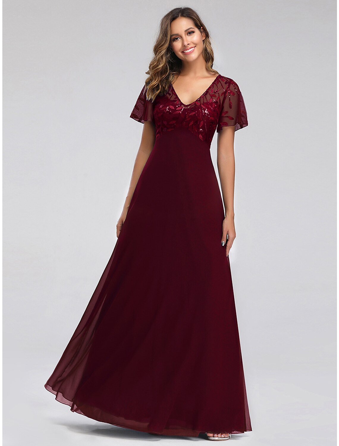 wholesa A-Line Wedding Guest Dresses Elegant Dress Fall Floor Length Short Sleeve V Neck Bridesmaid Dress Tulle with Sequin Appliques