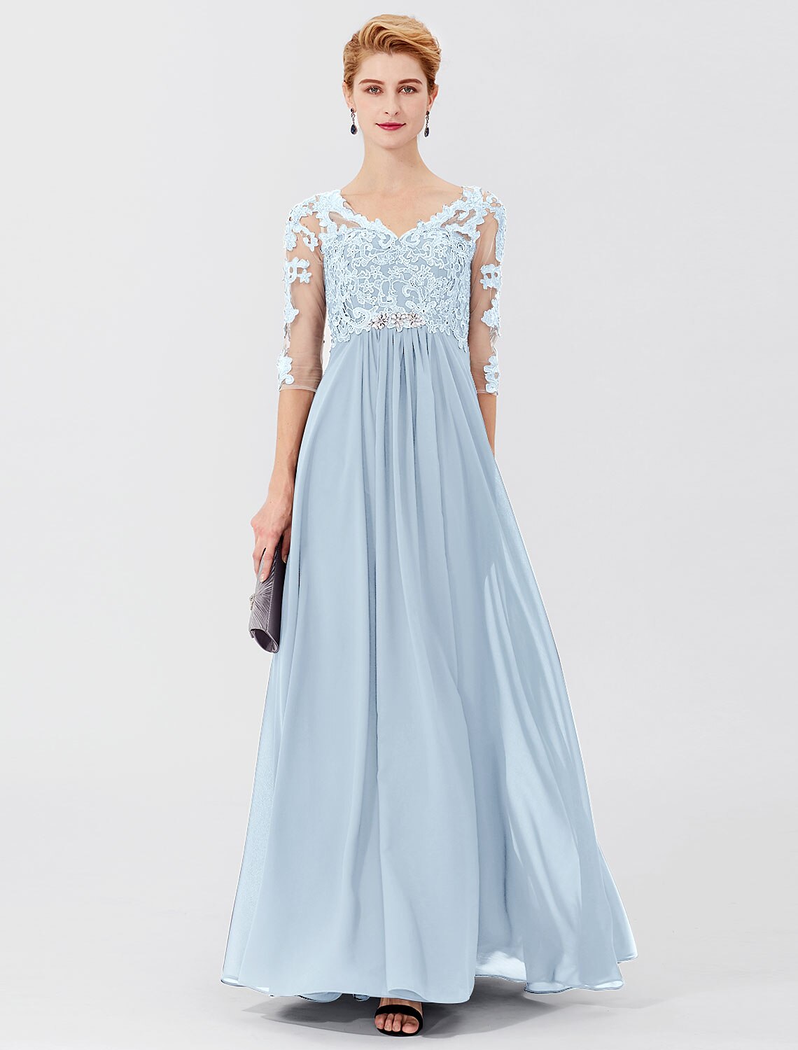 wholesale  Ball Gown A-Line Mother of the Bride Dress Formal Plus Size Elegant V Neck Floor Length Chiffon Sheer Lace 3/4 Length Sleeve with Crystals Appliques
