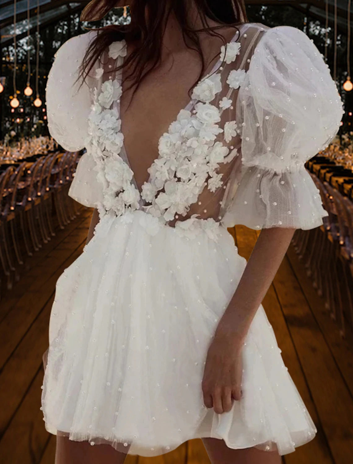 wholesale  Bridal Shower Open Back Little White Dresses Wedding Dresses A-Line V Neck Short Sleeve Short / Mini Satin Bridal Gowns With Pleats Pearls