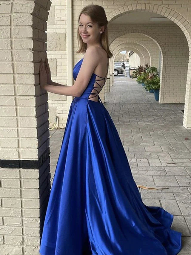 Wholesa A-Line Prom Dresses Princess Dress Formal Sweep / Brush Train Sleeveless V Neck Pocket Satin Backless with Pocket