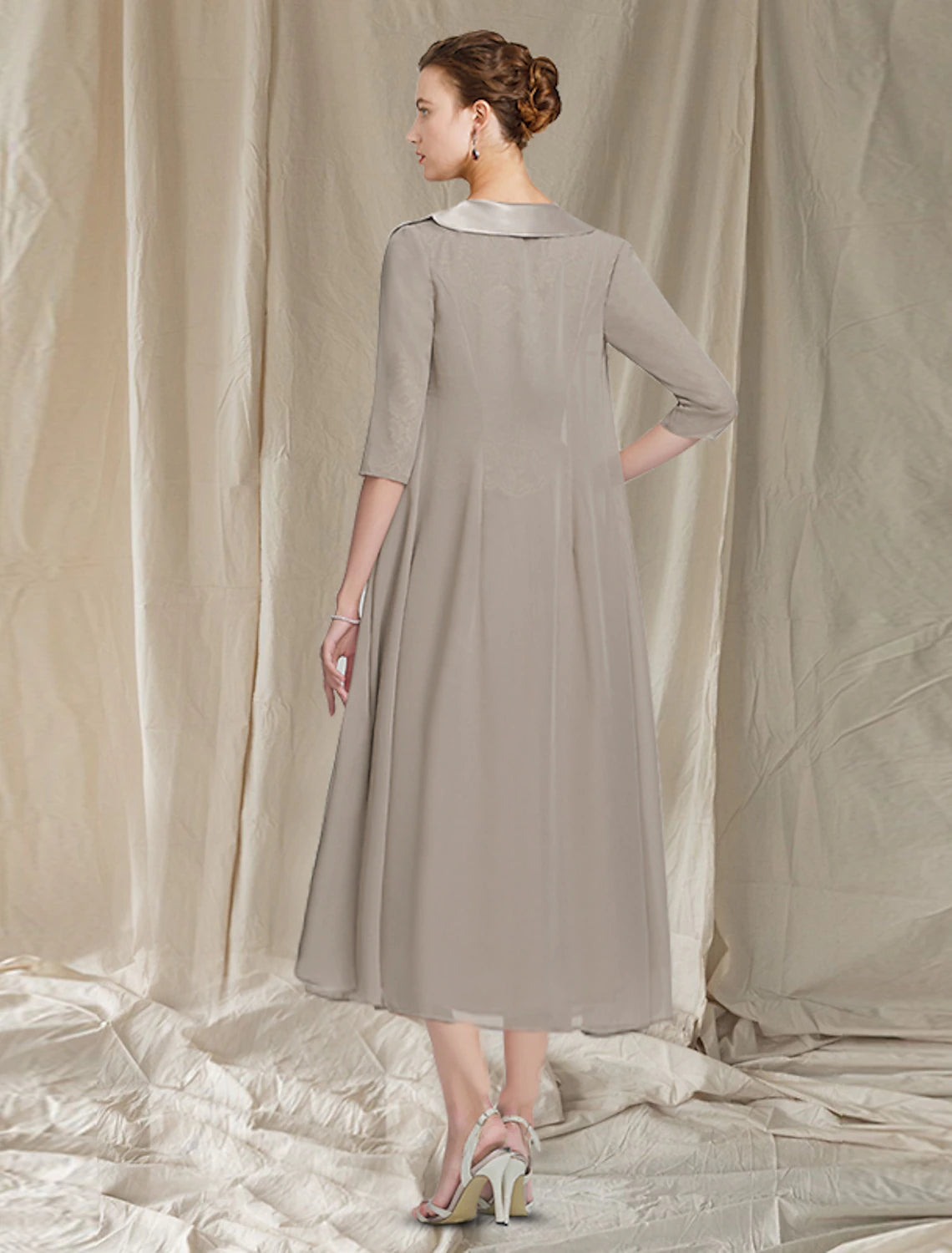 wholesale  Two Piece A-Line Mother of the Bride Dress Church Elegant Jewel Neck Tea Length Chiffon Lace Half Sleeve Jacket Dresses with Appliques