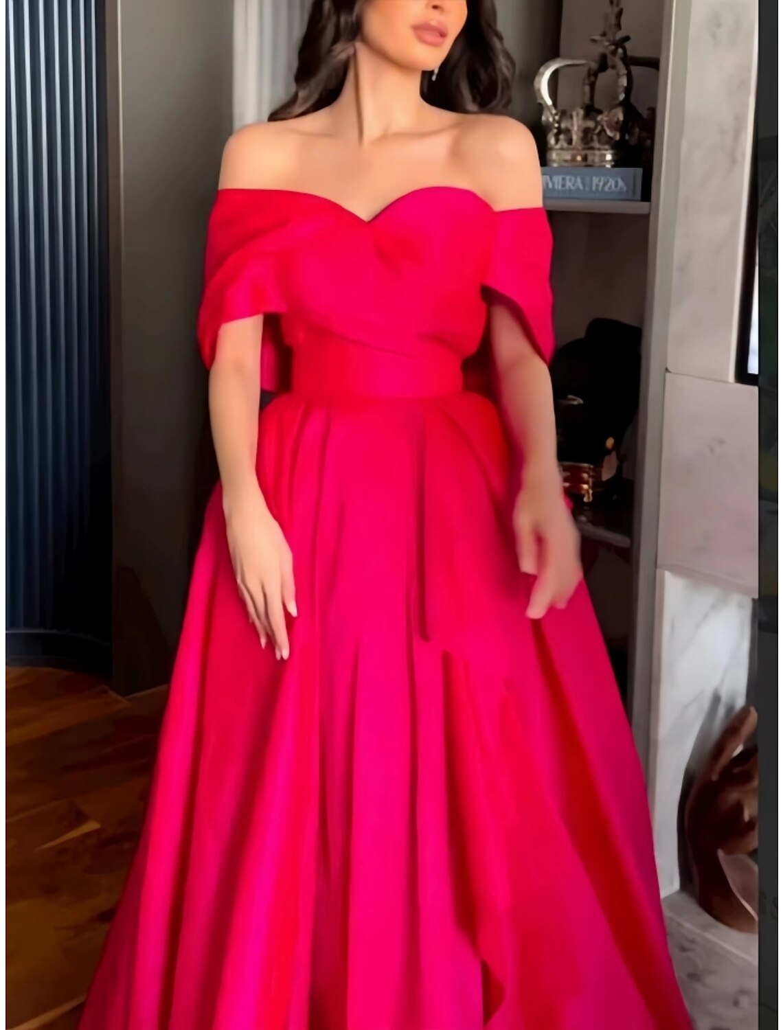Wholesa  A-Line Evening Gown Elegant Dress Formal Floor Length Christmas Red Green Dress Short Sleeve Off Shoulder Satin with Pleats