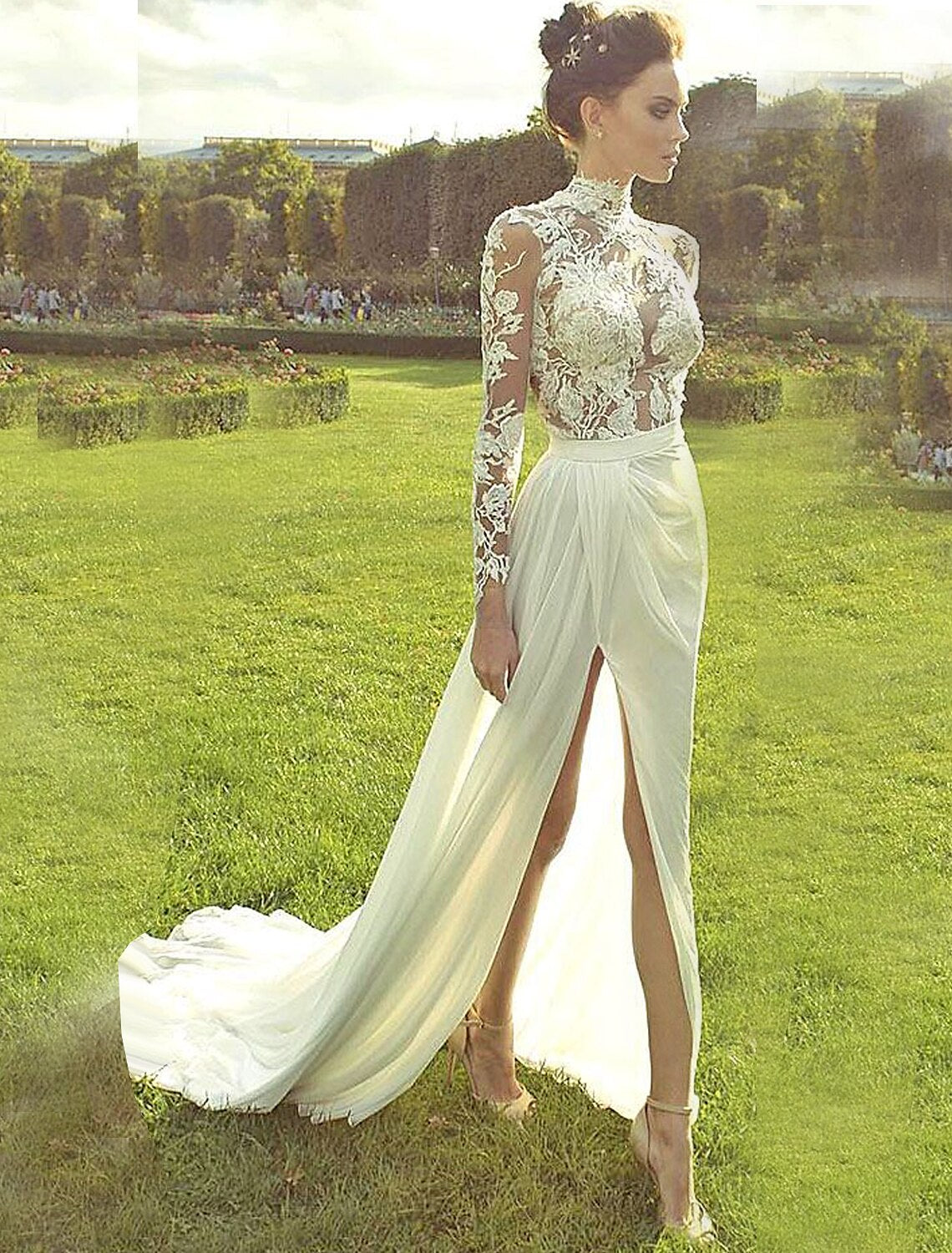 wholesale  Beach Wedding Dresses A-Line High Neck Long Sleeve Court Train Chiffon Bridal Gowns With 2023 Summer Wedding Party, Women's
