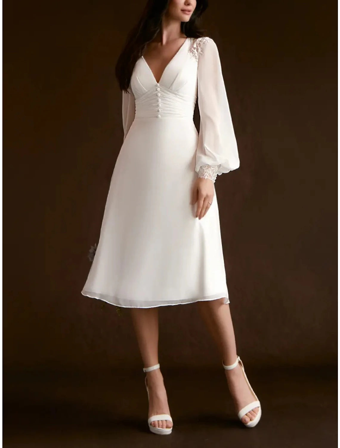 Wholesa Little White Dresses Wedding Dresses A-Line V Neck Long Sleeve Knee Length Chiffon Bridal Gowns With Pleats Ruched