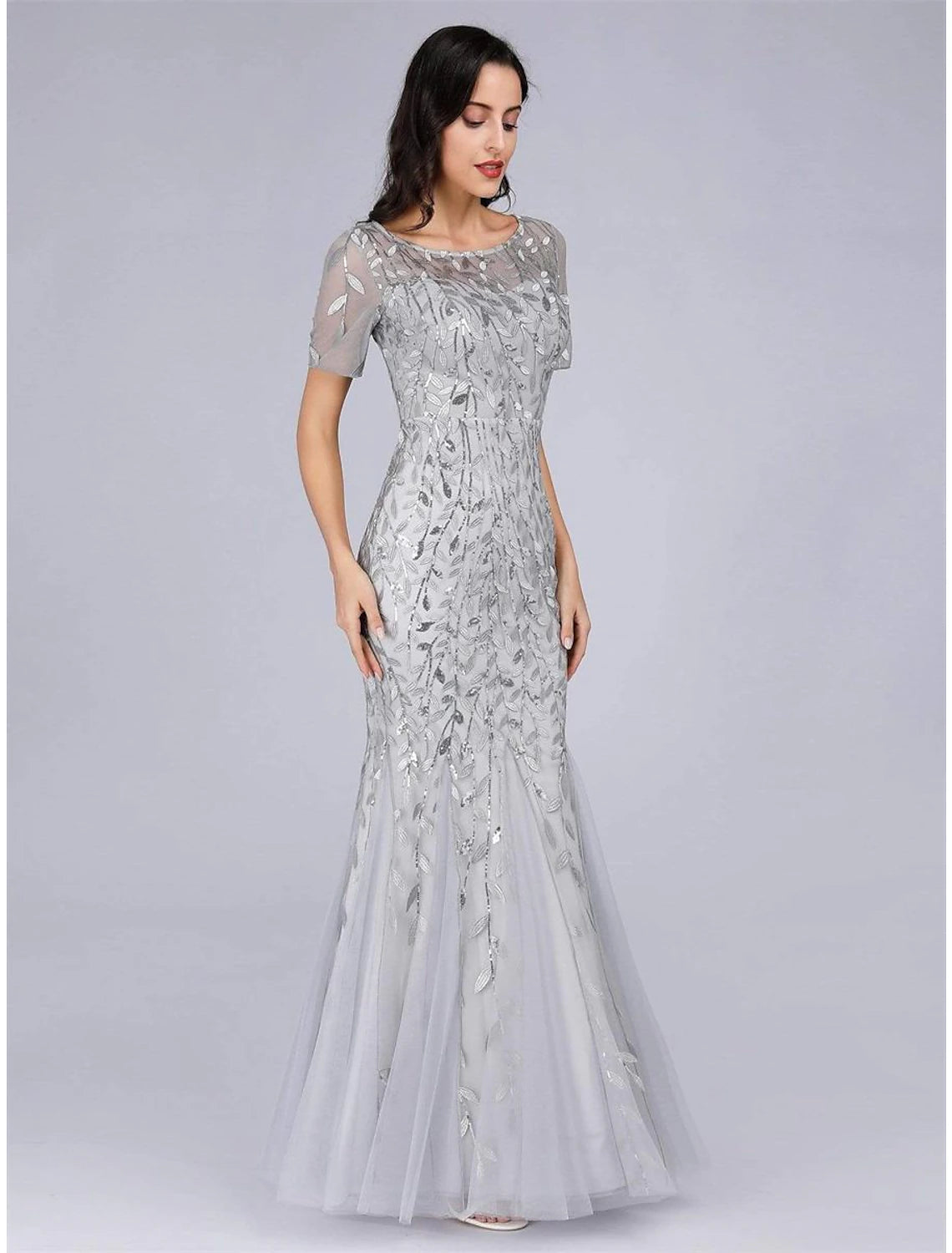 wholesa Mermaid / Trumpet Empire Elegant Party Wear Formal Evening Dress Jewel Neck Short Sleeve Floor Length Tulle with Embroidery / Illusion Sleeve
