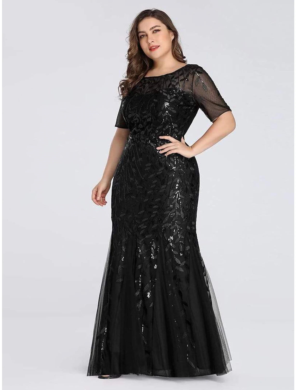 wholesa Mermaid / Trumpet Empire Elegant Party Wear Formal Evening Dress Jewel Neck Short Sleeve Floor Length Tulle with Embroidery / Illusion Sleeve