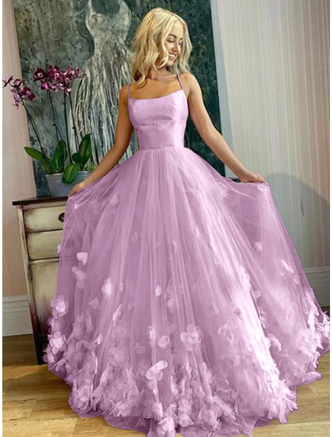Wholesa A-Line Prom Party Dress Floral Dress Performance Sweet 16 Floor Length Sleeveless Spaghetti Strap Tulle with Pleats Appliques