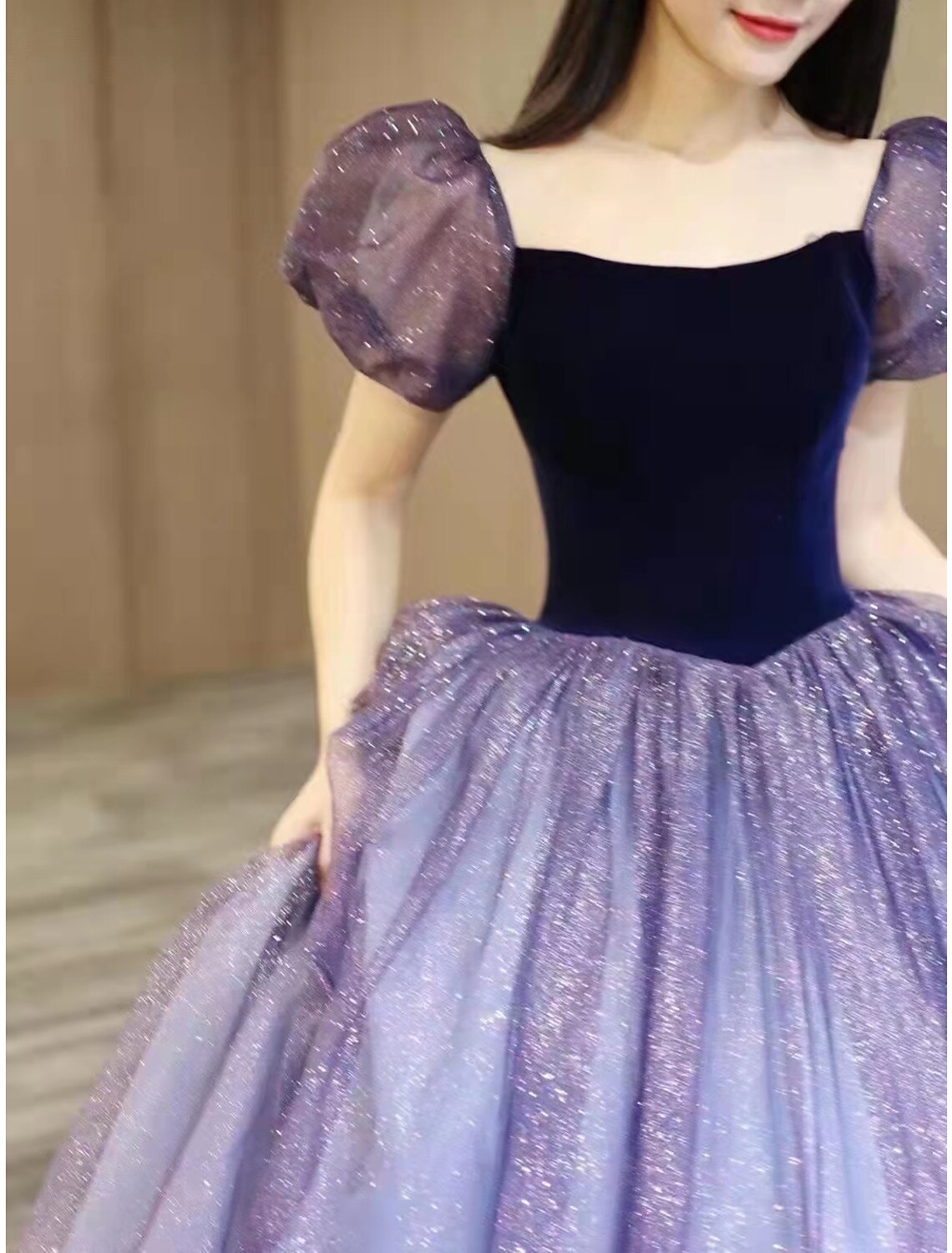 wholesale  Ball Gown Prom Dresses Cute Dress Engagement Prom Floor Length Short Sleeve Square Neck Tulle with Sequin Splicing