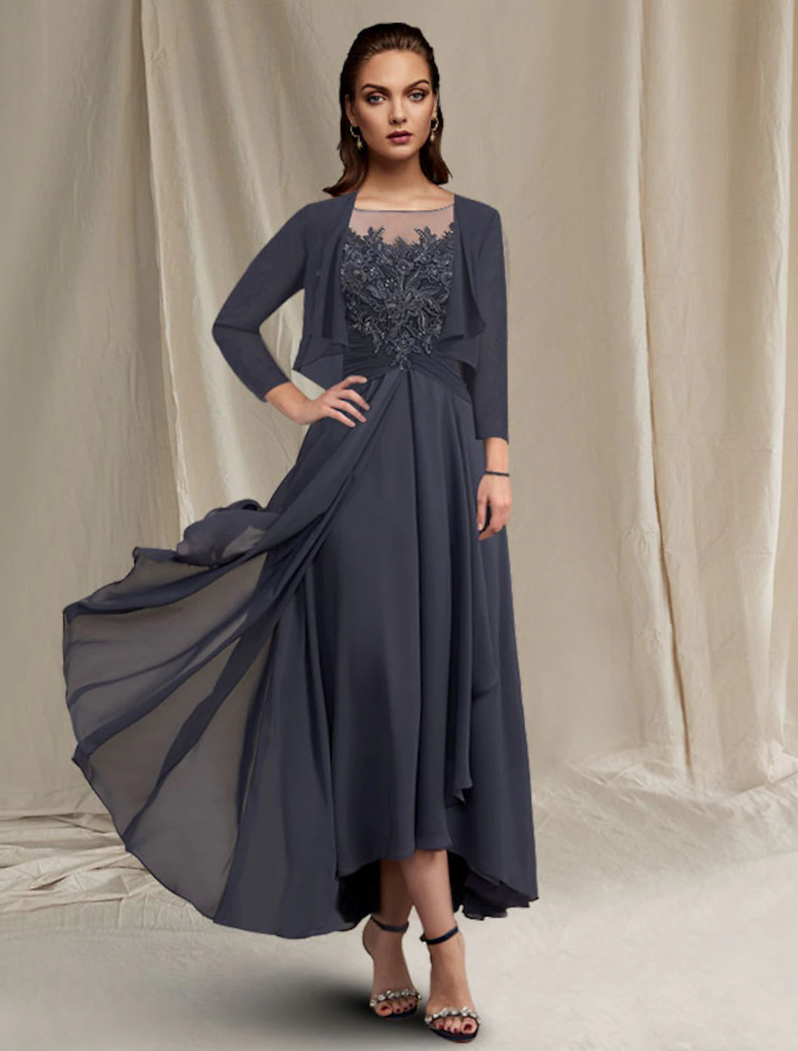 wholesale   Two Piece A-Line Mother of the Bride Dress Elegant High Low Jewel Neck Asymmetrical Tea Length Chiffon Lace 3/4 Length Sleeve Wrap Included with Sequin Appliques