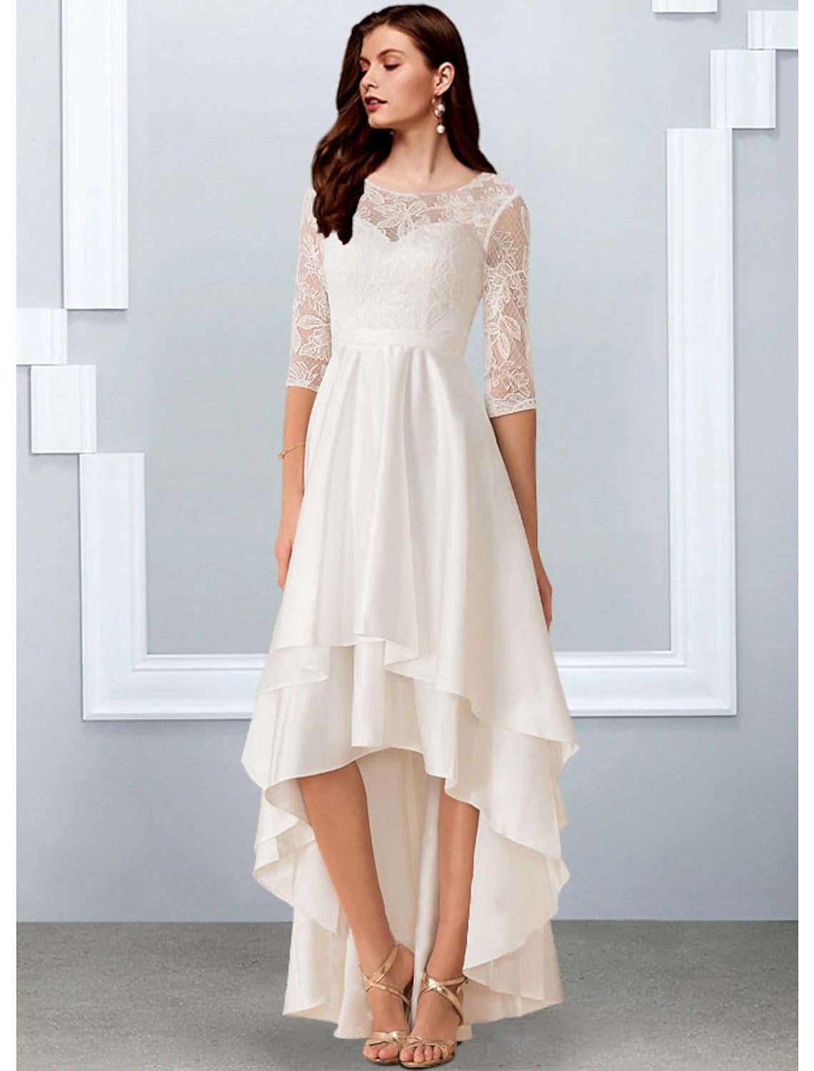 wholesale  Reception Little White Dresses Wedding Dresses A-Line Illusion Neck Half Sleeve Asymmetrical Chiffon Bridal Gowns With Cascading Ruffles