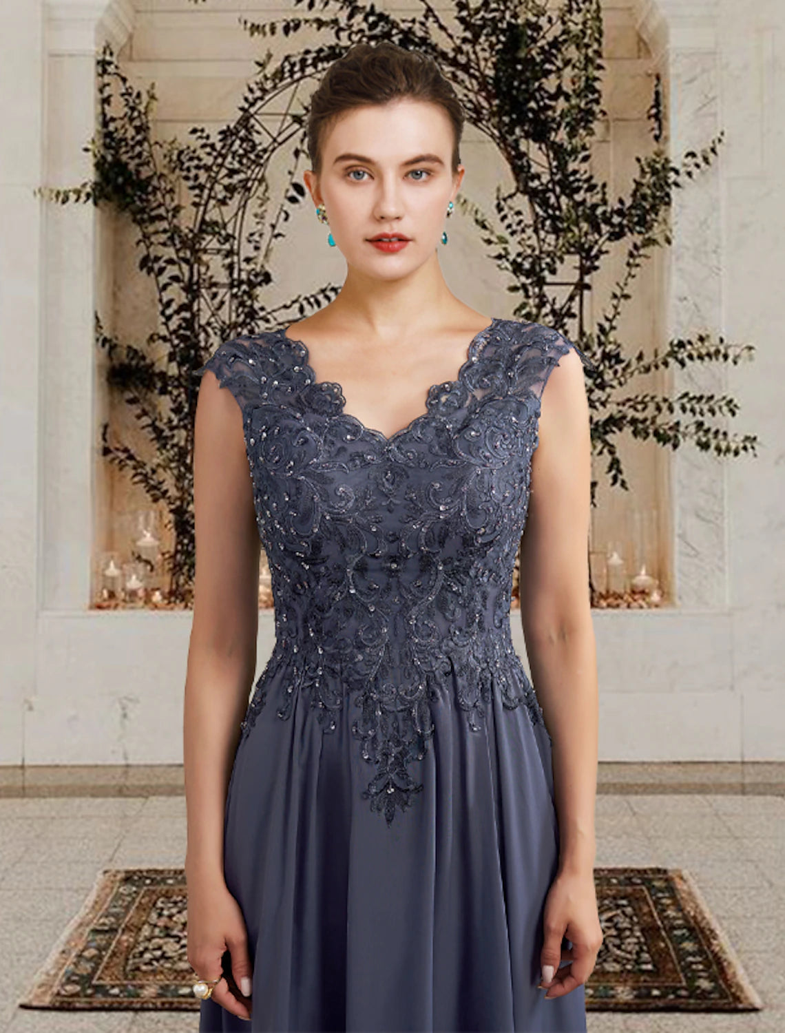 wholesale  A-Line Mother of the Bride Dress Elegant V Neck Floor Length Chiffon Lace Sleeveless Shawls with Pleats Sequin Crystal Brooch