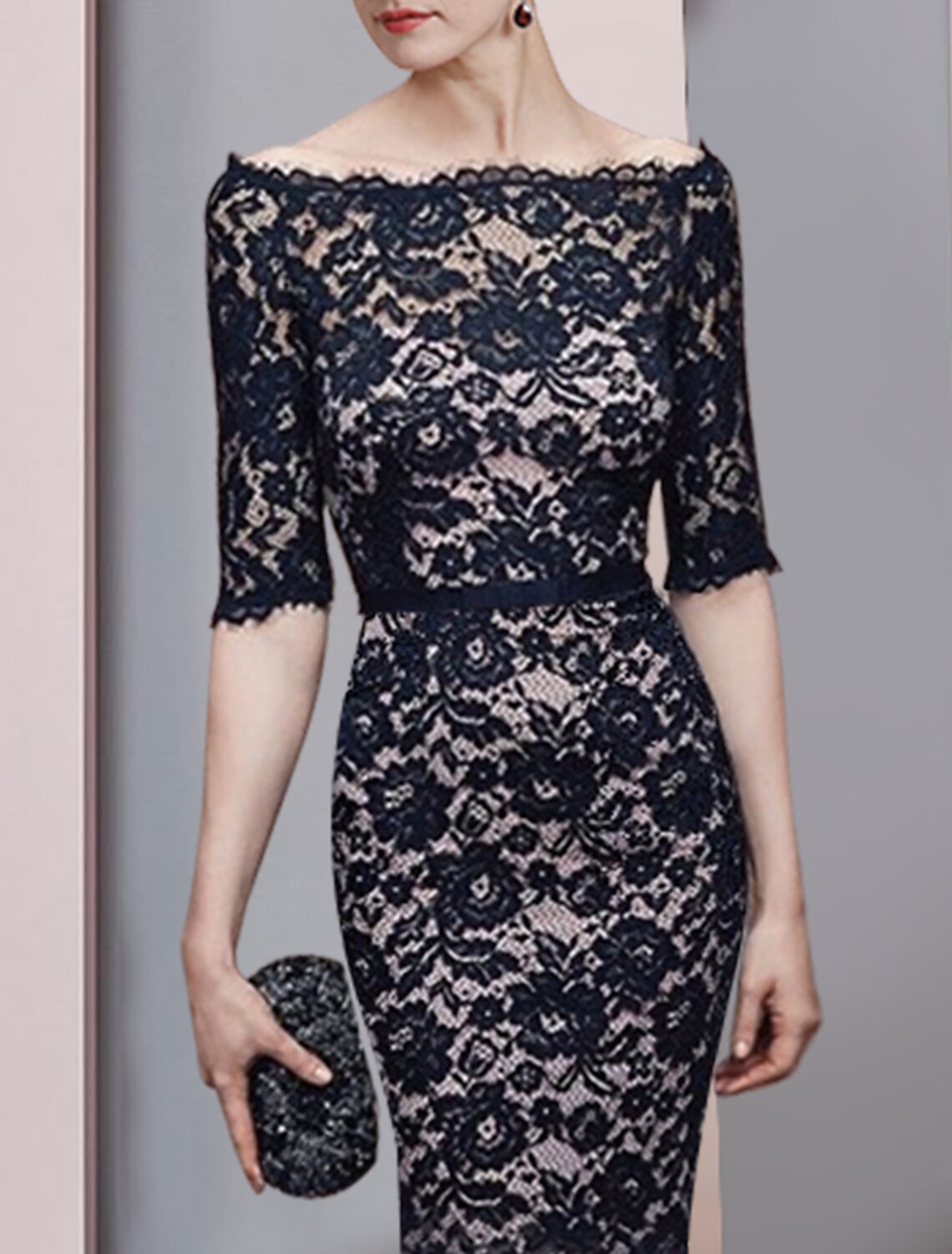 wholesale  Sheath / Column Mother of the Bride Dress Formal Wedding Guest Vintage Elegant Off Shoulder Floor Length Lace 3/4 Length Sleeve with Sash / Ribbon Fall