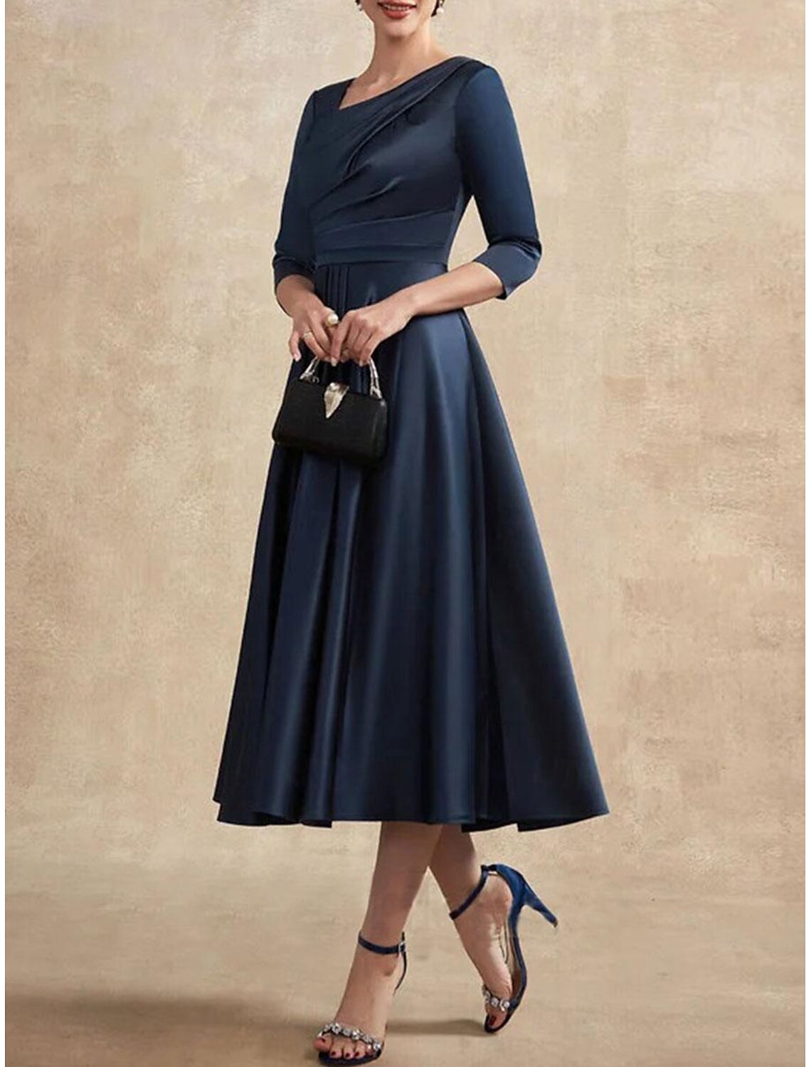 Wholesa A-Line Mother of the Bride Dress Wedding Guest Elegant Vintage Scalloped Neckline Tea Length Satin 3/4 Length Sleeve with Tassel