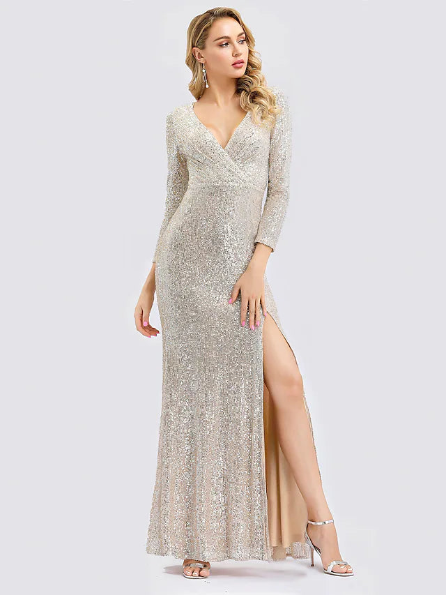 Wholesa Sheath / Column Sexy Furcal Formal Evening Dress Plunging Neck Long Sleeve Floor Length Sequined with Sequin Split Front