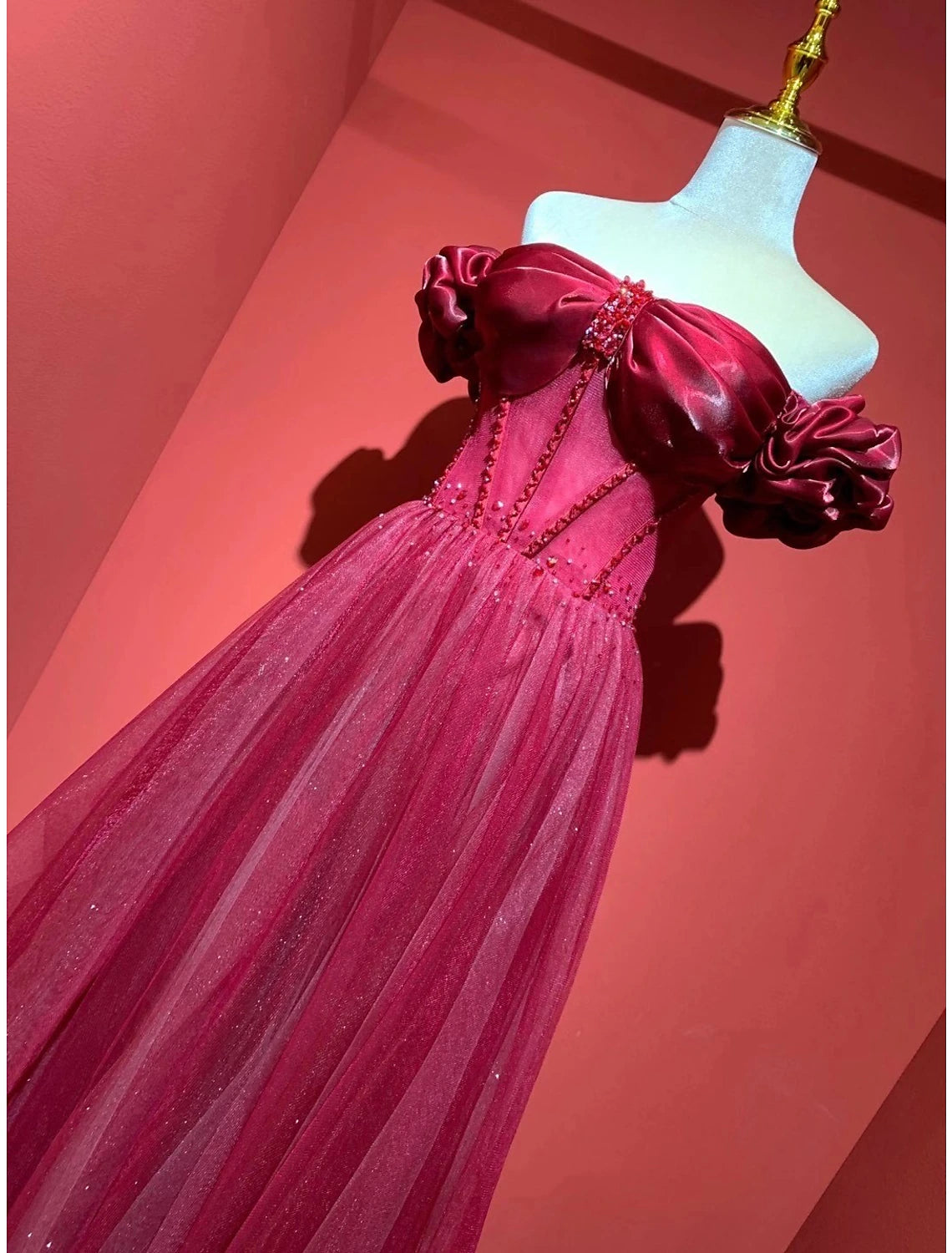 Wholesa A-Line Prom Dresses Empire Dress Prom Formal Evening Sweep / Brush Train Short Sleeve Sweetheart Tulle with Pleats Beading