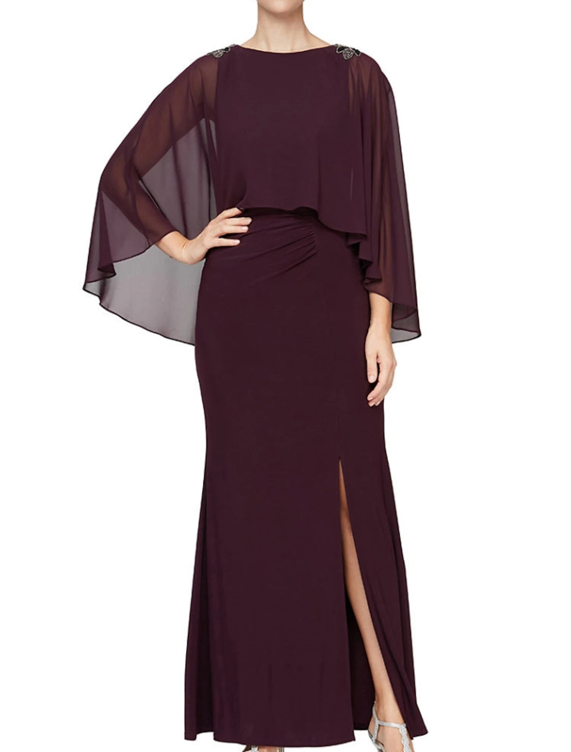 Wholesa A-Line Mother of the Bride Dress Wedding Guest Elegant Jewel Neck Ankle Length Chiffon Long Sleeve with Sequin Split Front Ruching