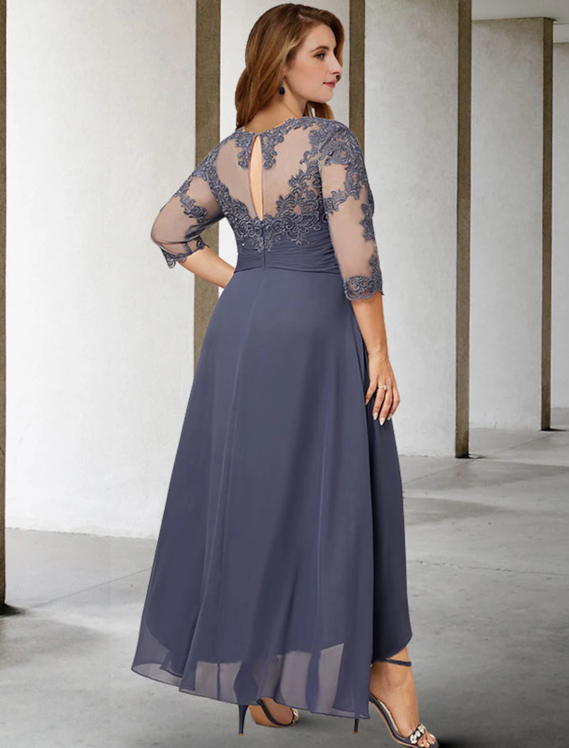 wholesale  A-Line Mother of the Bride Dresses Plus Size Hide Belly Curve Elegant Fall Wedding Guest Dress Formal Asymmetrical 3/4 Length Sleeve Jewel Neck Chiffon with Pleats Ruched Appliques