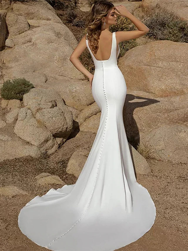 Wholesa Beach Open Back Casual Wedding Dresses Court Train Mermaid / Trumpet Sleeveless Square Stretch Fabric With Buttons Solid Color 2023 Spring & Summer Bridal Gowns