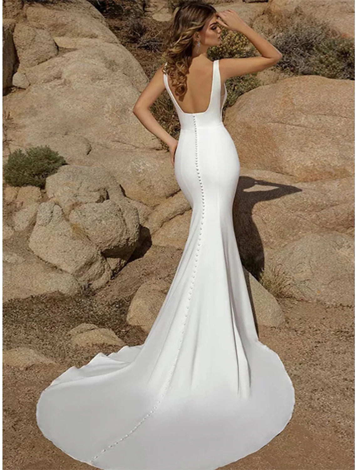 wholesale   Beach Open Back Casual Wedding Dresses Mermaid / Trumpet Square Neck Sleeveless Court Train Stretch Fabric Bridal Gowns With Buttons Solid Color