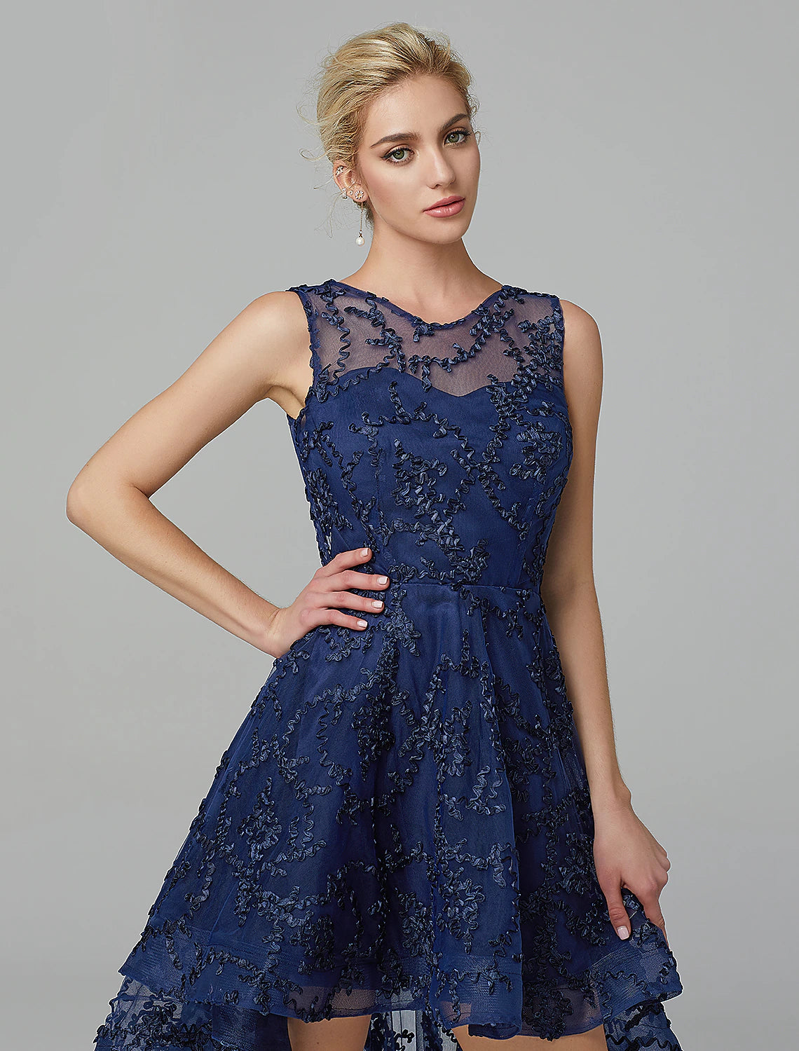 wholesa A-Line Hot Dress Wedding Guest Cocktail Party Asymmetrical Sleeveless Illusion Neck Tulle with Appliques