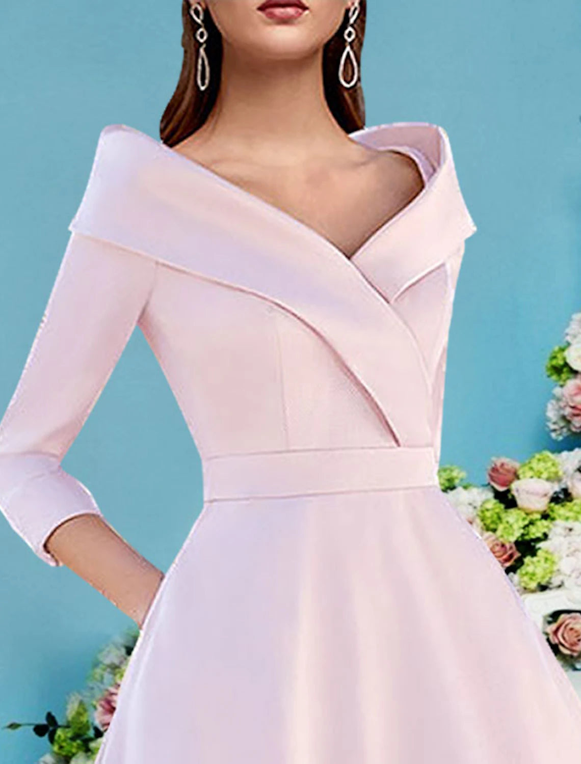 wholesale  A-Line Mother of the Bride Dress Fall Wedding Guest Vintage Elegant V Neck Tea Length Satin 3/4 Length Sleeve with Pleats