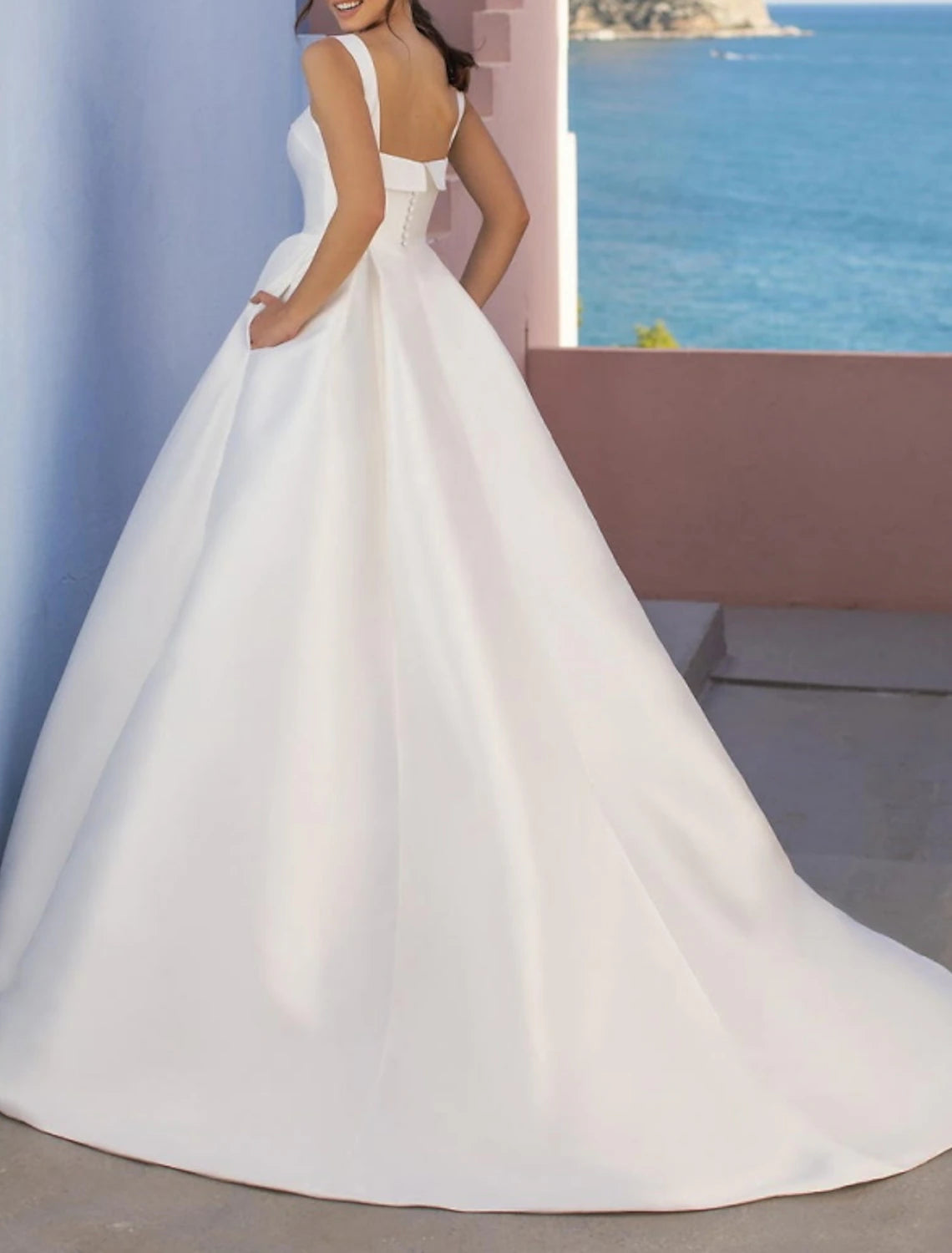 Wholesa  Hall Casual Wedding Dresses A-Line Square Neck Regular Straps Sweep / Brush Train Satin Bridal Gowns With Pleats