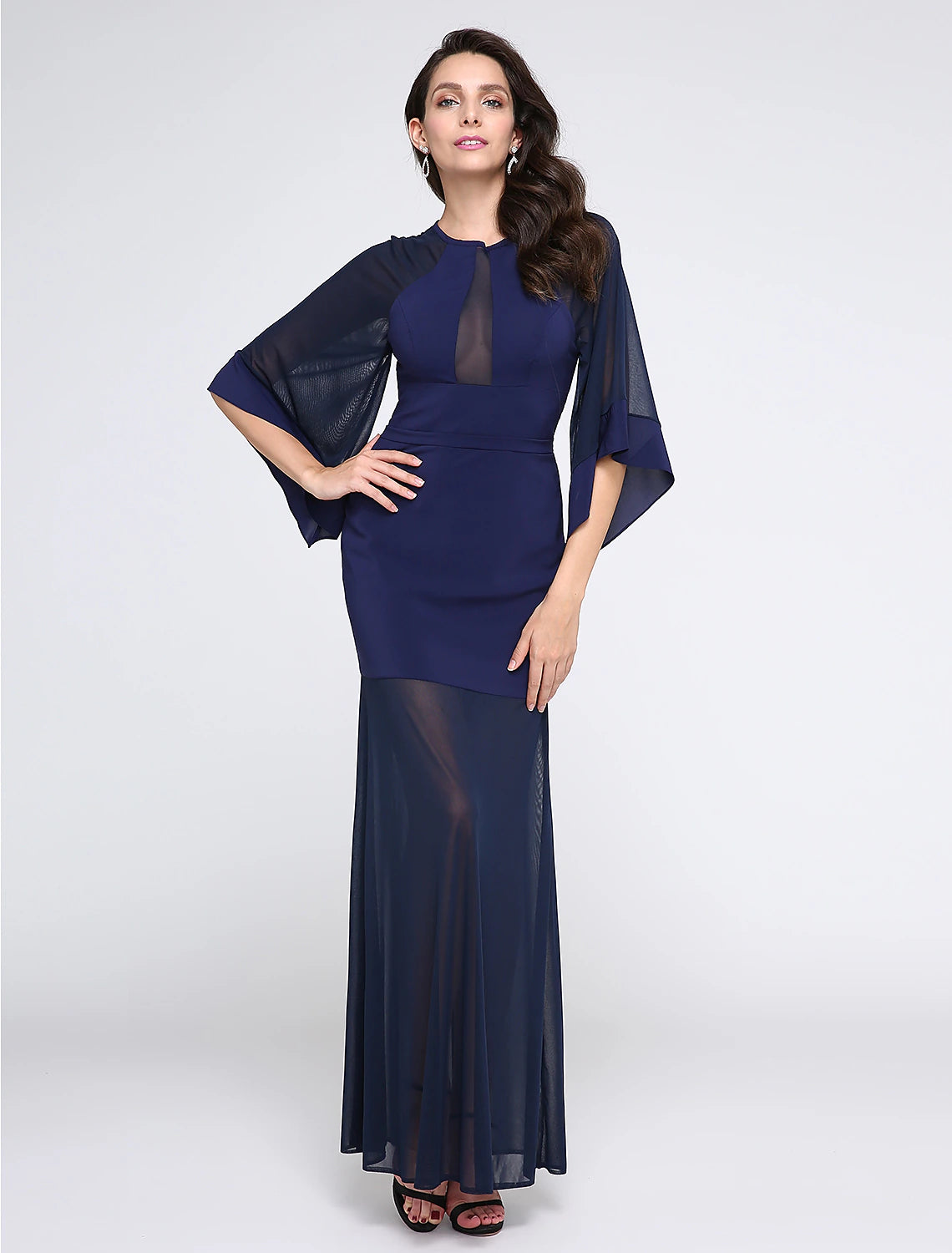 Wholesa Sheath / Column See Through Dress Prom Formal Evening Floor Length Half Sleeve Jewel Neck Chiffon with Pleats