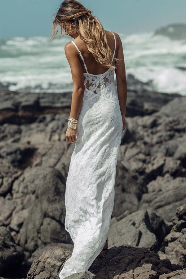 Wholesa Beach Sheath Spaghetti Straps Lace Long Wedding Dresses