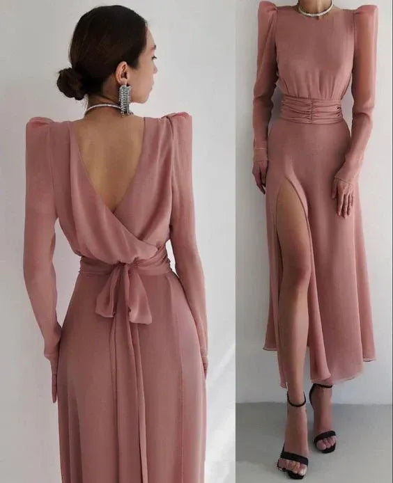 Long‑Sleeve Dusty‑Rose Chiffon Padded‑Shoulder Wrap‑Back High‑Slit Midi Prom Dress